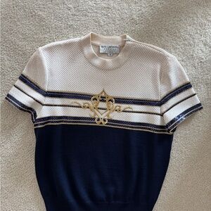 St. John White and Blue Crew Neck Top with Nautical Flair